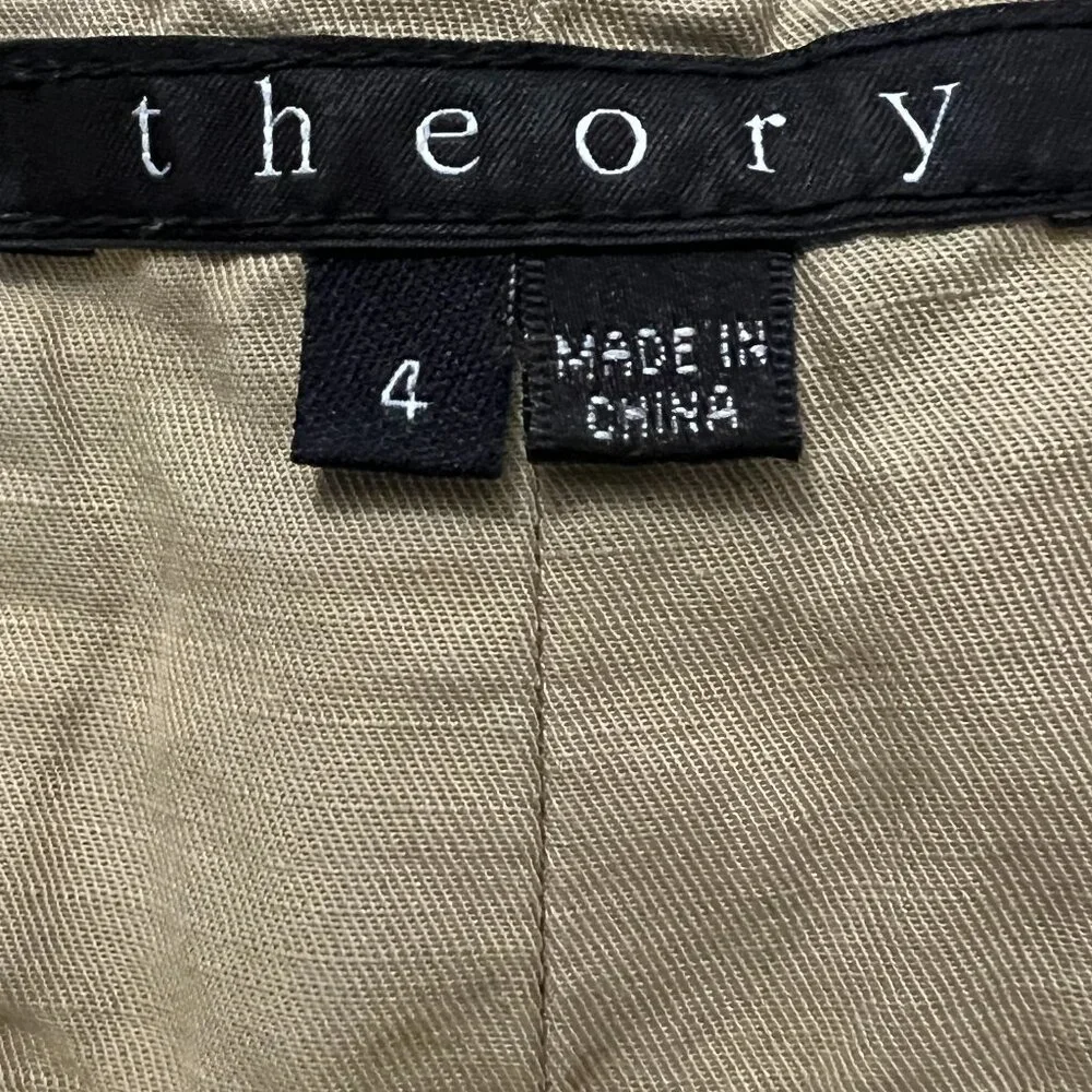 Theory Linen Cotton Shorts Women Size 4 Khaki Belted Casual Summer Waist 30